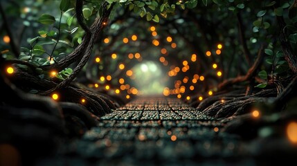 Poster - Mystical nature concept. Enchanting forest path illuminated by glowing lights under a canopy of lush foliage.