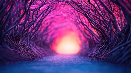 Poster - Mystical nature concept. A mystical pathway through vibrant, colorful trees leading to a glowing light.