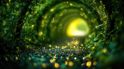 Poster - Mystical lush idea. A serene glimpse through a lush green tunnel illuminated by soft, glowing lights.