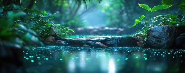 Poster - Mystical nature concept. A serene, luminous forest stream surrounded by lush vegetation and gentle light.