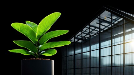 Wall Mural - A vibrant green plant arranged elegantly in a modern pot, standing tall against the backdrop of a contemporary greenhouse structure