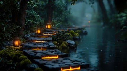 Poster - Mystical nature concept. A tranquil pathway illuminated by lanterns in a serene forest by a calm waterway.
