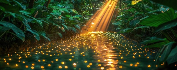 Poster - Mystical tropical concept. A serene forest scene with golden light illuminating a tranquil waterway filled with glow.