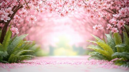 Poster - Mystical tropical concept. A serene pathway adorned with blooming cherry blossoms and lush greenery.