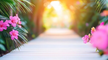 Poster - Mystical tropical concept. A serene garden pathway adorned with vibrant pink flowers in soft sunlight.