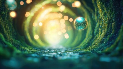 Poster - Mystical nature concept. A magical, illuminated tunnel surrounded by lush greenery and sparkling orbs of light.