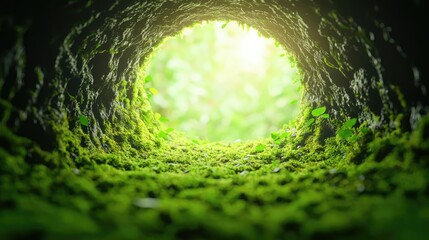 Poster - Mystical tropical concept. Green moss illuminated by light in a serene natural tunnel, symbolizing peace and growth.