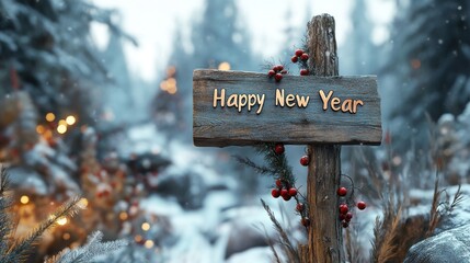 Wall Mural - A rustic winter scene with fir branches, natural wooden decorations, and red berries. In the center, there is a vintage wooden sign with 