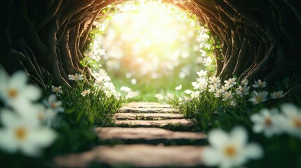 Poster - Mystical lush idea. A serene pathway through a sunlit floral tunnel of nature's beauty and tranquility.