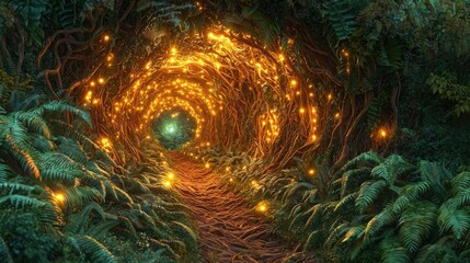 Poster - Mystical tropical concept. A magical forest tunnel illuminated by glowing lights and surrounded by lush greenery.