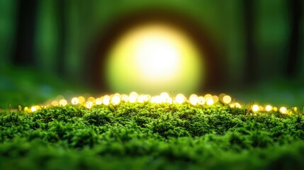 Aufkleber - Mystical nature concept. A serene forest scene with glowing light illuminating lush green moss on the ground.