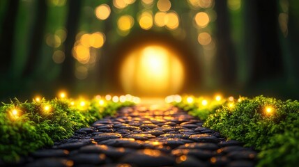 Poster - Mystical nature concept. Enchanting forest path illuminated by glowing lights, leading to a mystical open space.