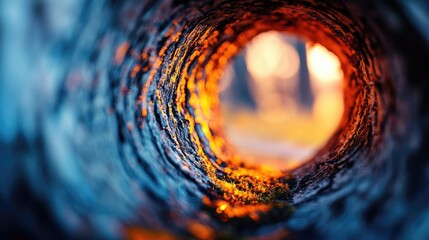 Poster - Mystical nature concept. A captivating view through a cylindrical structure showcasing nature's warm glow.