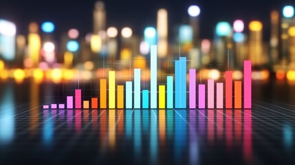 Aufkleber - Vibrant Colorful Bar Graph Chart Data Growth Night Cityscape on Blur Background