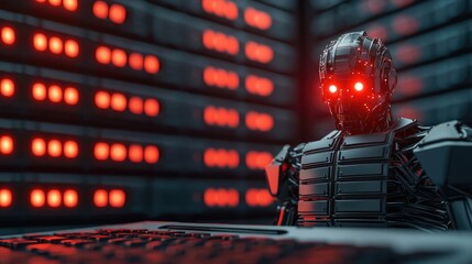 Aufkleber - Crash market concept. Futuristic robot with glowing eyes working on a computer in a dark environment.