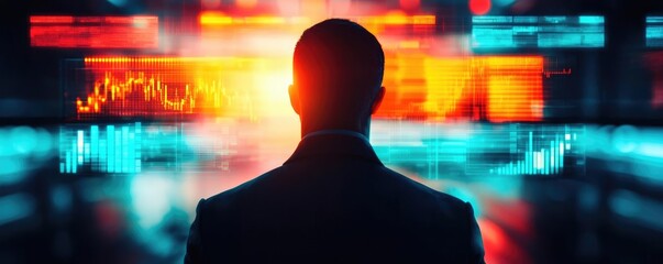 Aufkleber - Crash market concept. Silhouette of a businessman observing digital data and trends in a modern office.