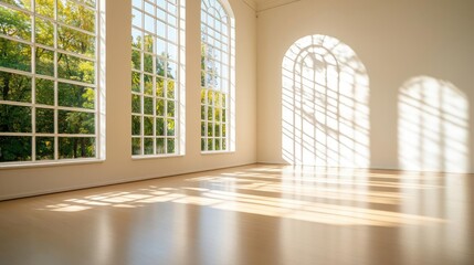 Aufkleber - Scenery sightseeing idea. Bright, spacious interior with large windows and soft sunlight casting shadows.