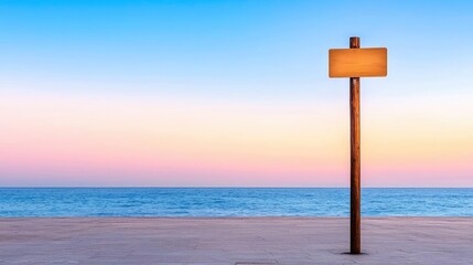 Poster - Scenery sightseeing idea. A tranquil beach scene at sunset with a blank signpost and colorful sky.
