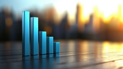 Aufkleber - Decreasing Bar Graph Blue 3D Chart Financial Decline Business Data Wooden Surface Cityscape on Blur Background