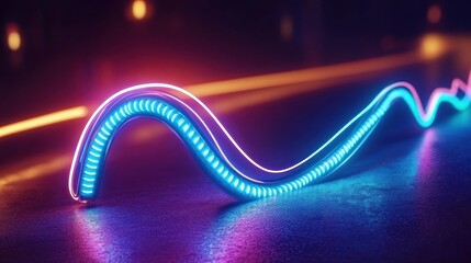 Poster - Abstract Neon Wave Line Glowing LED Lights Futuristic Cyberpunk on Blur Background Style