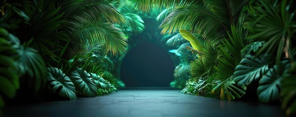 Poster - Mystical tropical concept. A lush, green tropical jungle pathway leading into a mysterious dark space.