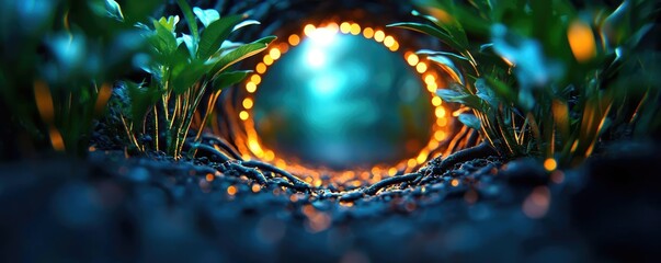 Poster - Mystical nature concept. A captivating view through glowing foliage towards a mystical circular light.