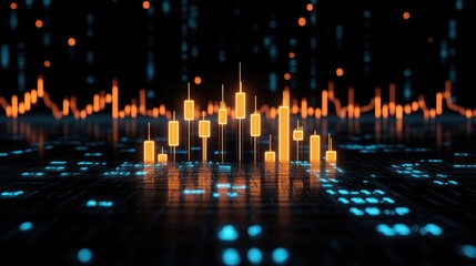 Aufkleber - Blur Background of Abstract Futuristic Stock Market Candlestick Chart Data Visualization Neon Orange and Blue