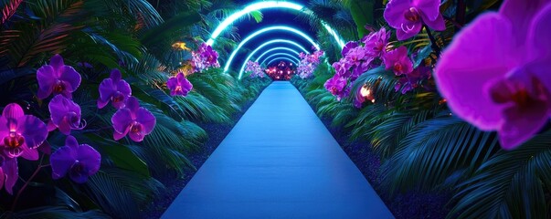 Poster - Mystical tropical concept. A vibrant pathway illuminated by colorful lights amidst lush orchids and greenery.