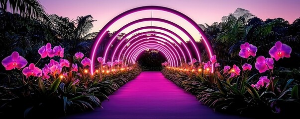 Poster - Mystical tropical concept. A vibrant pathway adorned with neon lights and blooming orchids under a twilight sky.