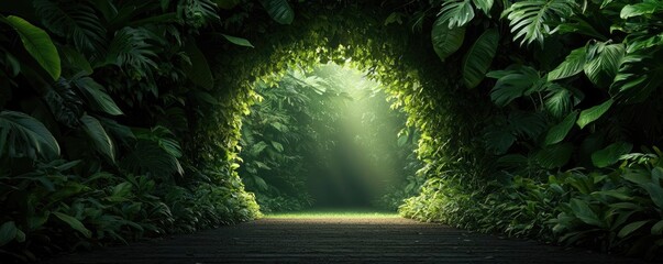 Poster - Mystical tropical concept. A serene forest scene with sunlight shining through lush, green foliage and vines.