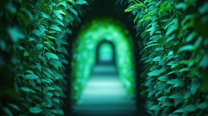 Poster - Mystical tropical concept. A serene path through lush green foliage, inviting tranquility and natural beauty.