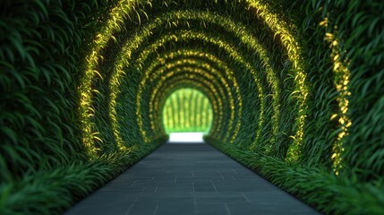 Poster - Mystical tropical concept. A serene tunnel made of lush greenery and ambient lights, inviting tranquility and peace.