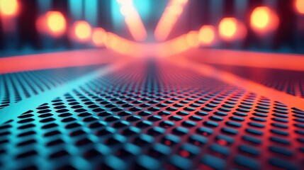Poster - Brushed abstract background concept. A close-up view of a textured surface with glowing lights in a futuristic setting.