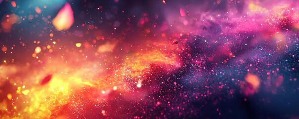 Poster - Splatter abstract background concept. Vibrant cosmic scene with swirling colors and glowing particles in a galaxy.