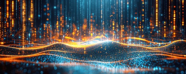 Poster - Splatter abstract background concept. Vibrant digital abstract with glowing lines and particles representing energy and technology.