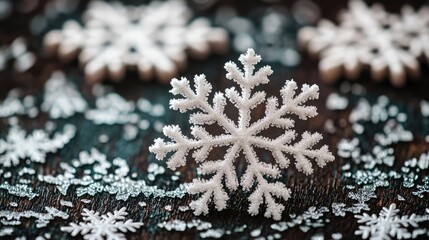 Aufkleber - Snowflake abstract background idea. Delicate snowflakes resting on a wooden surface, creating a serene winter scene.