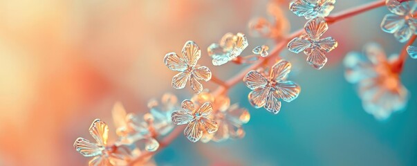 Poster - Snowflake abstract background idea. Delicate flowers adorned with dewdrops, showcasing nature's beauty and tranquility.