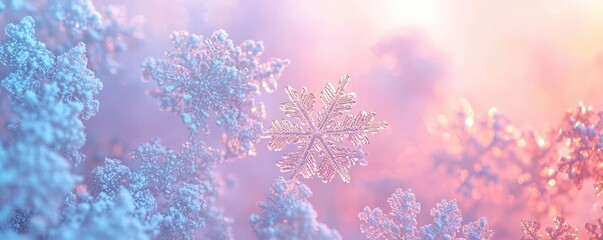 Poster - Snowflake abstract background idea. Delicate snowflakes shimmer in a pastel winter landscape, capturing nature's beauty.