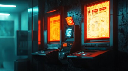 Cyberpunk ATM Terminals in a Distressed Corridor