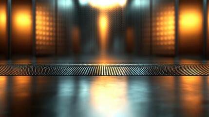 Poster - Brushed abstract background concept. Futuristic interior with illuminated backdrop and metallic flooring for modern designs.