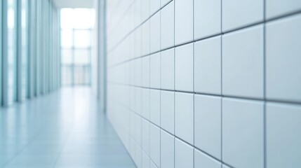 Poster - Brushed abstract background concept. Modern hallway with clean, white tiles reflecting light and enhancing space.