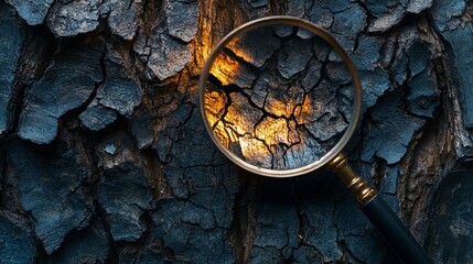 Magnifying glass focusing on cracked tree bark texture.