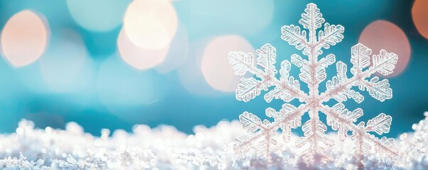 Poster - Snowflake abstract background idea. Delicate snowflake on soft snow creates a winter wonderland scene of purity and beauty.
