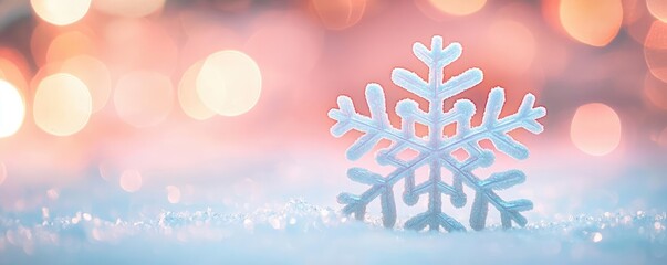 Poster - Snowflake abstract background idea. A delicate snowflake resting on soft snow, illuminated by colorful winter lights.