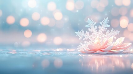 Poster - Snowflake abstract background idea. A delicate snowflake rests on a soft petal, creating a serene winter atmosphere.