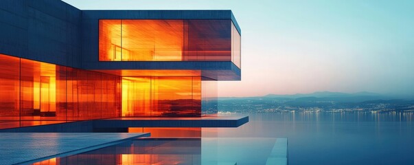 Poster - Brushed abstract background concept. Modern architecture with vibrant glass and serene water reflections at sunset.
