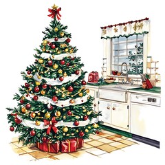 a decorated christmas tree stands in a retro kitchen, ready for the holidays.