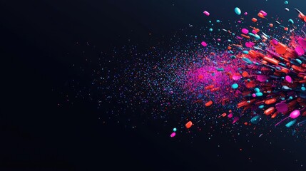 Poster - Splatter abstract background concept. Vibrant explosion of color particles against a dark background, evoking energy and creativity.
