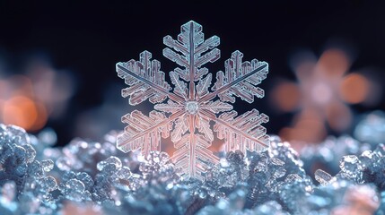 Aufkleber - Snowflake abstract background idea. A close-up of a delicate snowflake resting on soft, shimmering snow.