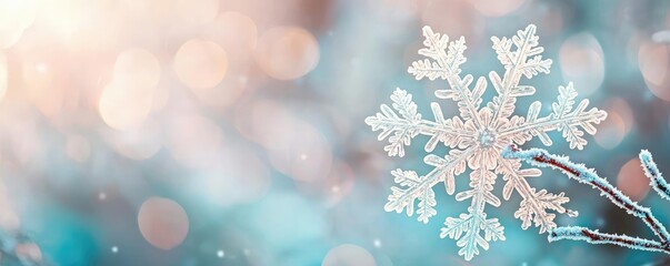 Poster - Snowflake abstract background idea. A delicate snowflake glistens against a softly blurred winter background.